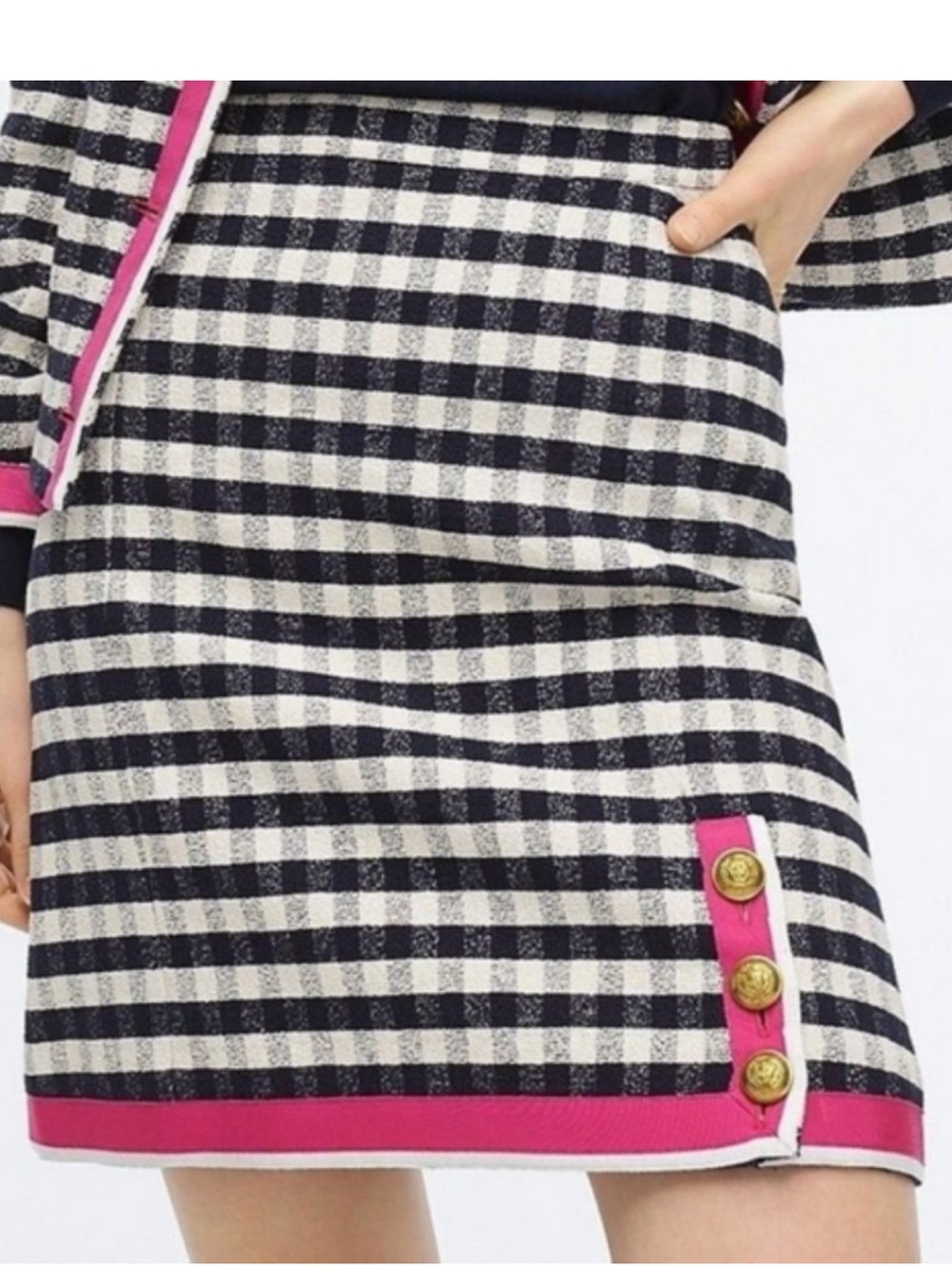 J. Crew Grosgrain Trim Mini Skirt in Navy Gingham Tweed, Size 16